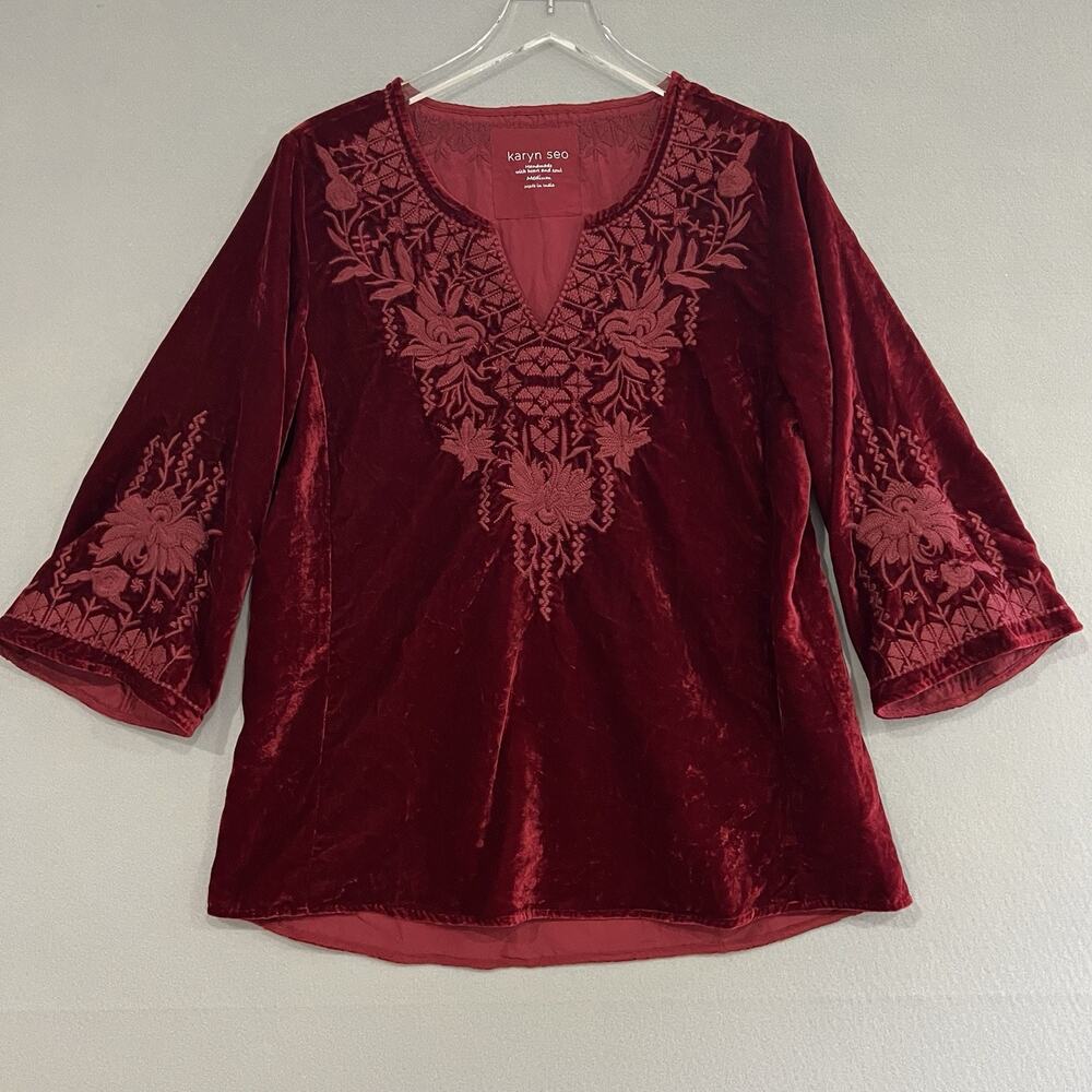 Karyn Seo Embroidered Red Velvet Top Size Medium Bell Sleeve Pullover Tunic